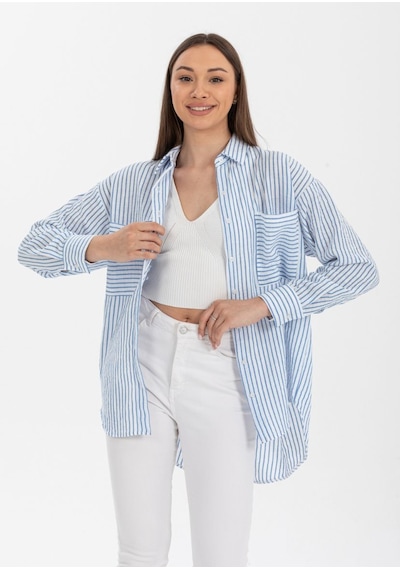 Pera Moda Çift Cepli Arkası Uzun Önü Kısa Luna Keten Çizgili Oversize Gömlek Mavi