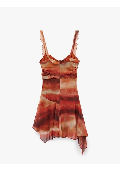 Koton Slim Fit Asimetrik Kesim Batik Desenli Fırfırlı Askılı Tül Mini Elbise Kahverengi Desenli 6sak80239ek