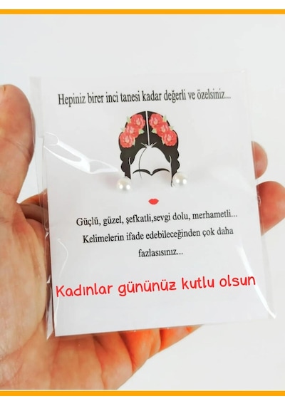 20 Adet Kadınlar Günü Kuşe Kartlı İnci Küpe - Kadınlar Günü Krem