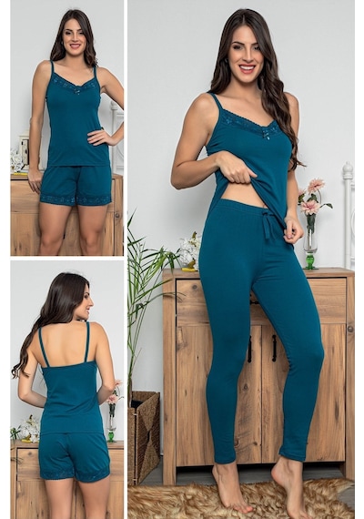 Myben Kadın Petrol Renkli Dantel Detaylı Şortlu Ve Taytlı Pijama Takımı 3'lü Set 75007 Petrol
