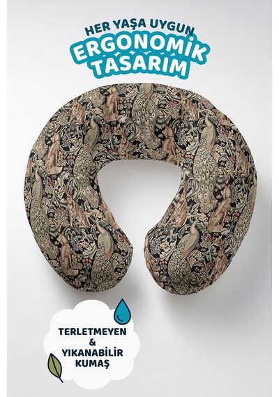 Tropikal Hayvan Ve Tavuskuşu Desenli Boyun Yastığı - Vintage Siyah Bej Seyahat Yastığı Mat Kanyon Mercan