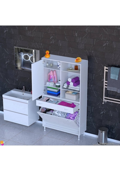 Modilayn Afra 90x173x32,5cm 1 Çekmece, 3 Göz Sepet, 1 Kapak, 6 Raf Dar Alan Banyo Dolabı Beyaz Modilayn Afra 90x173x32,5cm 1 Çekmece, 3 Göz Sepet, 1 Kapak, 6 Raf Dar Alan Banyo Dolabı Beyaz