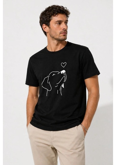 Erkek Köpek Figürlü Minimal Baskılı Tişört Kısa Kol Yazlık T-shirt - Siyah