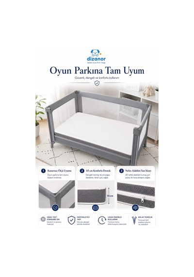 Airnest Bebek Oyun Parkı Yatağı 10 Cm Destekli Nefes Alan Spacer Kumaşlı Fermuarlı Yıkanabilir Kılıflı Park Yatak Minderi