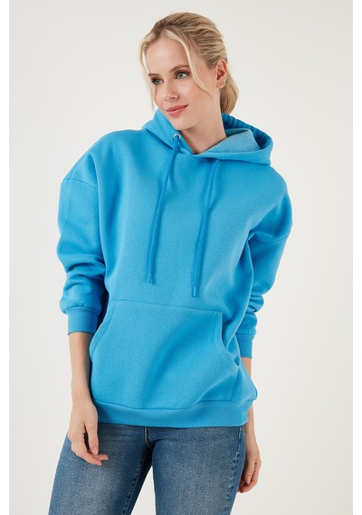Lela Regular Fit Pamuklu Kapüşonlu Yaka Şardonlu Kışlık Bayan Sweat 5863854 Turkuaz