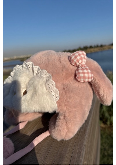 Mollycrush Kız Bebek Pudra Pembe Kışlık Peluş Tavşan Şapka Kulaklı Ponponlu Hediyelik Model Pudra Pembe