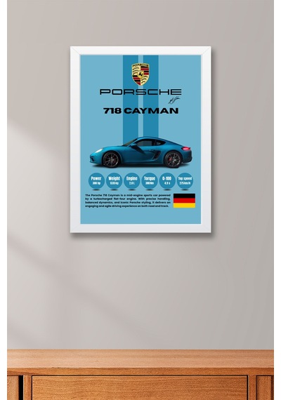 Porsche 718 Cayman Premium Spor Araba Çerçeveli Tablo - Teknik Özellikli Otomobil Sever Duvar Dekoru Beyaz Porsche 718 Cayman Premium Spor Araba Çerçeveli Tablo - Teknik Özellikli Otomobil Sever Duvar Dekoru Beyaz