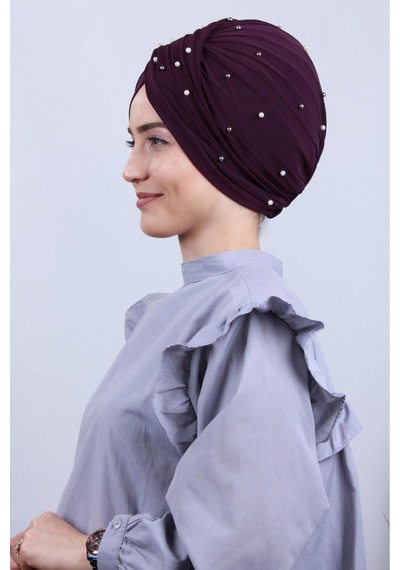 Melodi Scarf Kadın Tesettür İncili Taşlı Vera Dış Bone Mor Mor
