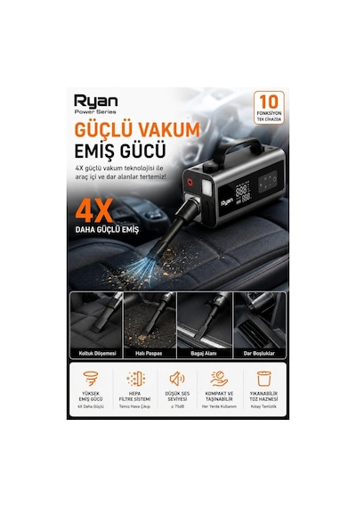 Bagajon Ryan Ry-p10 2000a Süpürgeli Akü Takviye + 150 Psı Lastik Şişirme 10'u 1 Arada Üfleme, Powerbank, Led Fener