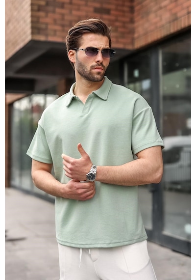 Madmext Mint Yeşili Polo Yaka Oversize Erkek Tişört E7185