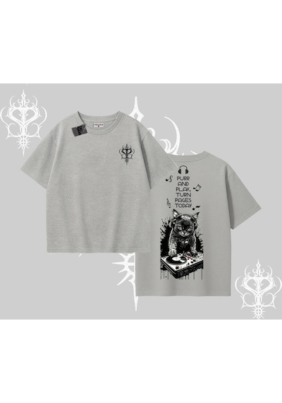 Tarzsokak Dj Kedi Baskılı Müzik Temalı Oversize Tshirt Gri