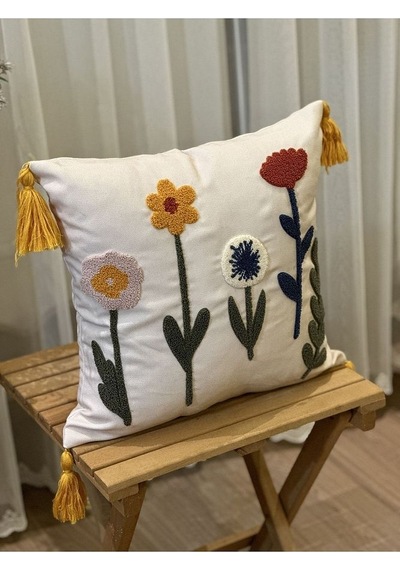 Tekli Punch İşlemeli Çiçekli Flowers Pançlı Nakışlı Dekoratif Kırlent Kılıfı 35x50 Kırmızı