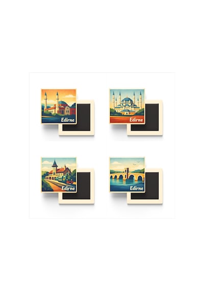 Edirne - 4'lü Memleket Seti - Baskılı Buzdolap Magneti Kare - 9x9 Cm - 4 Adet