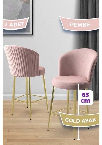 Canisa Alte Serisi 2 Adet Babyface Kumaş 65 Cm Gold Kaplama Ayaklı Pembe Bar Sandalyesi Pembe Sandalye Gold Kaplama Ayak