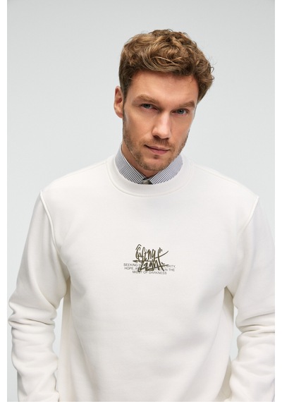 Grimelange IRVING Erkek Yuvarlak Yaka Göğsü Ve Önü Regular Fit Ekru Sweatshirt