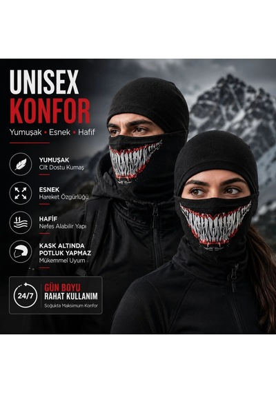 Ulupazarlama Unisex Tam Yüz Balaklava Diş Desenli Kışlık Maske Nefes Alan Esnek Kask Altı Boyunluk Yumuşak Viskoz Siyah