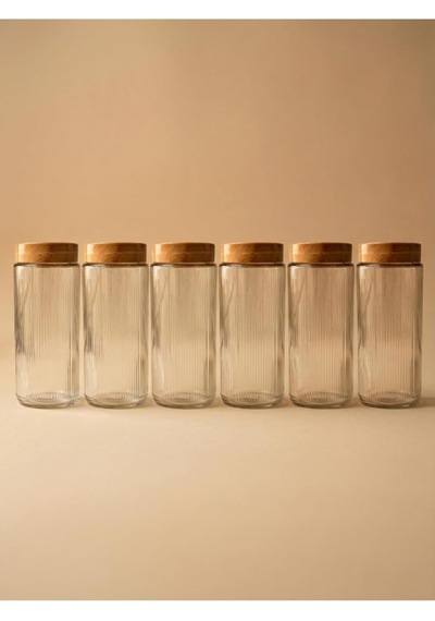 6'li Set Ahşap Desen Kapaklı Cam Saklama Kabı 1350 Ml - Açık Kahve
