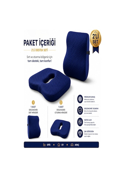 Ortopedik Sırt Ve Oturma Minderi Seti Bel, Sırt Ve Kuyruk Sokumu İçin Ergonomik Visco Destek Lacivert