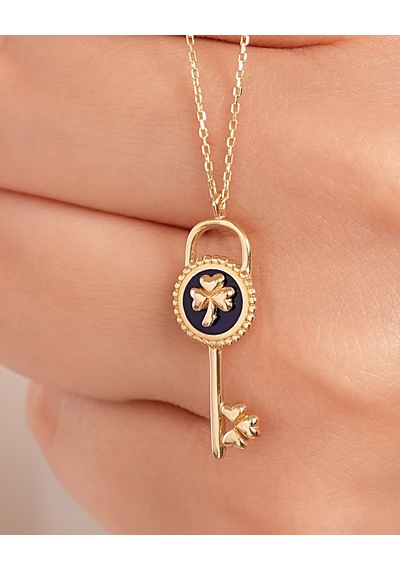 Debora Jewelry 14 Ayar Altın Çiçekli Mineli Kilit Lacivert Kolye