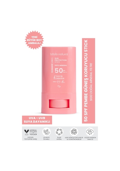 Bade Natural Ton Eşitleyici ve Yüksek Koruyucu Pembe Stick Güneş Kremi SPF50 16 G