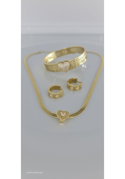 Kalp Gold Çelik Takı Seti Gümüş - Rose Gold