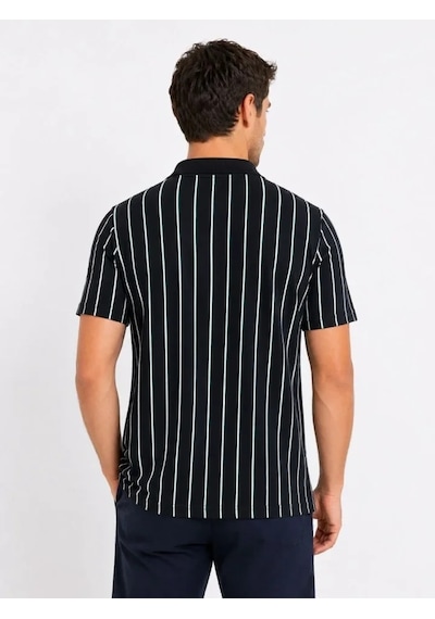 Defymoda Erkek Pike Kumaş Çizgili Polo Yaka Tişört Kısa Kol Yazlık T-shirt - Siyah