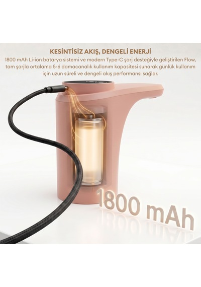 Pizen Flow Usb Şarjlı Otomatik Damacana Su Pompası Tds Ölçer 250ml 500ml 1l 2l Ölçü Özellikli Pembe