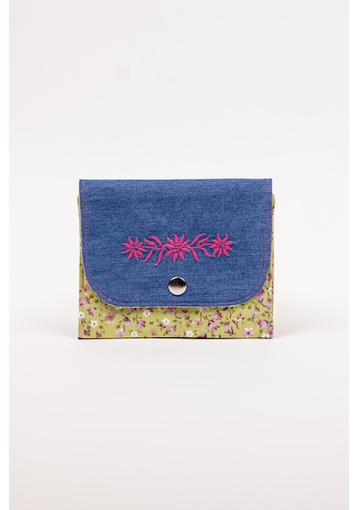 Fabric Craft Bag Kadın Cüzdanı Denim Kumaş Çiçek Nakışlı Çift Bölmeli 13x11 Cm Mavi - Yeşil