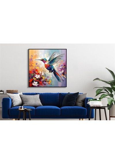 Yağlı Boya Dokulu Tablo Modern Renkli Sinek Kuşu Siyah Çerçeveli U04013-178927