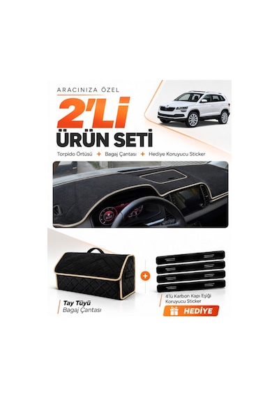 Skoda Karoq 2017-2024 Uyumlu Torpido Örtüsü + Tay Tüyü Bagaj Çantası + Sticker Seti - Siyah Bej