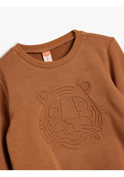 Koton Sweatshirt Kaplan Kabartma Baskılı Bisiklet Yaka Uzun Kollu Kahverengi 5wmb10188tk Kahve