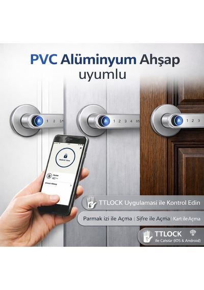Şifreli Kartlı Telefondan Kontrol Pvc Alüminyum Ahşap Uyumlu Parmak İzli Akıllı Kapı Kolu Gümüş