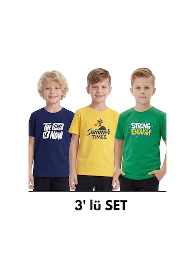 Panios Kids 3'lü Yuvarlak Yakalı Baskı Detaylı Basic 3 Parça Erkek Çocuk Tişört Lacivert - Sarı