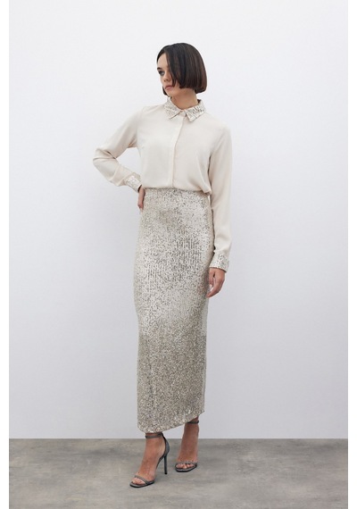 Sateen Karolin Midi Etek - Bej-135197 Bej