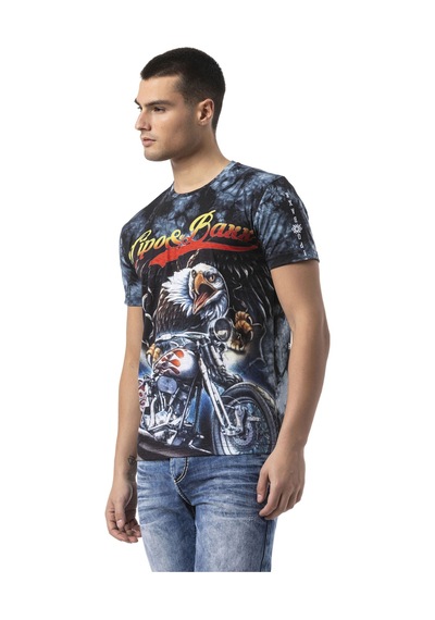 Cipo & Baxx Erkek Grafik Baskılı Tişört Vintage Motosiklet Temalı Bisiklet Yaka Casual Pamuklu Erkek Tişört Ct821 Mavi