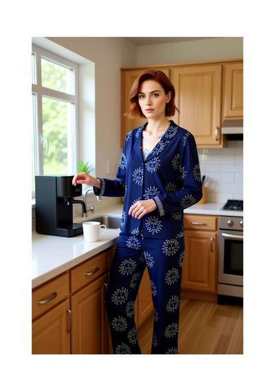 Ersefa Kadın Güneş Baskılı Gömlek Ve Pantolon Pijama Takımı Fonksiyonel lacivert