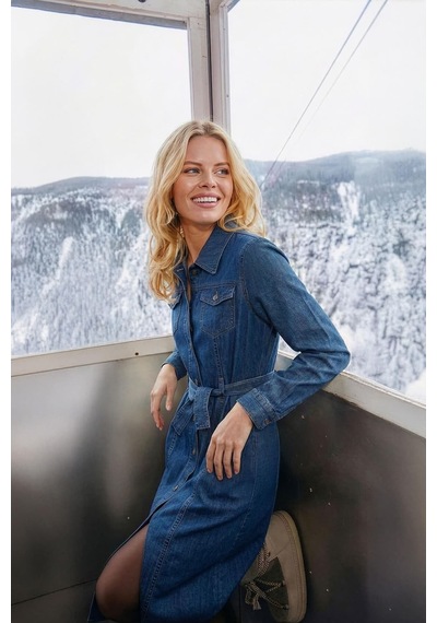 Banny Jeans Kadın Önden Düğmeli Kemerli Jean Elbise Koyu Mavi