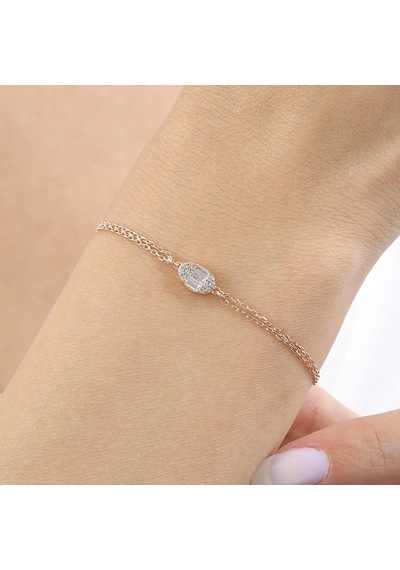 Mia Vento Pırlanta Montür Minimal Oval Baget Rosegold Gümüş Bileklik