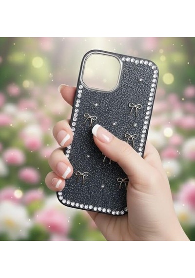 Apple Uyumlu iPhone 15 Fiyonk Figürlü Simli İnci Taşlı Lüx Silikon Kılıf Siyah