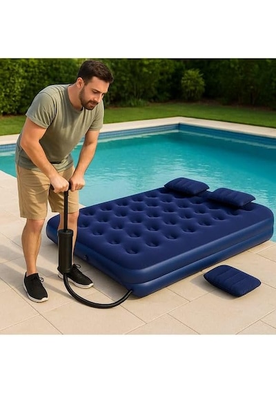 Taşınabilir Çift Kişilik Şişme Yatak + Pompa 203x152x22 Cm Kamp & Misafir Kullanımı Lacivert