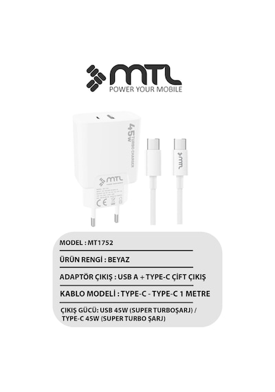 45w Turbo Çift Çıkış Type-c+usb Adaptör+type-c Type-c Kablo Süper Fast Şarj Seti Mt1752