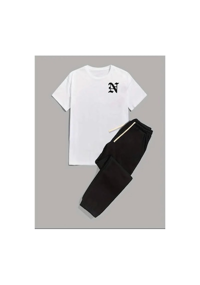 Medinenur Yazı Baskılı T-shirt Eşofman Altı Jogger Rahat Kalıp Siyah Eşofman Takım Beyaz