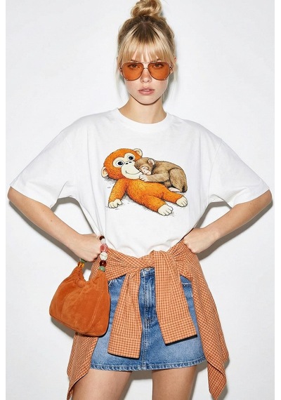 Shade Kadın Pamuklu Bisiklet Yaka Maymun Punch Baskılı Oversize T-shirt Öt261036 60286078 - Beyaz Standart