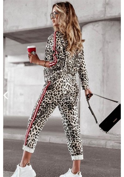 Dip Moda Kadın Leopar Desenli Çizgi Detaylı Takım Dpnbasp7233 Bej