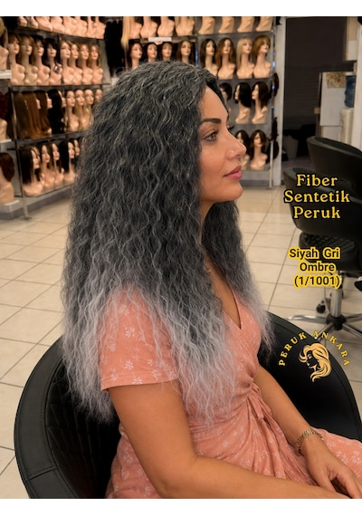 Afro Su Dalgası Peruk Fiber Sentetik Siyah Gri Ombre