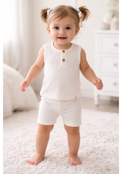 Joviel Baby & Kıds Soft Önden Düğme Detaylı Kalın Askılı Badi Tayt Takım Ekru Ekru