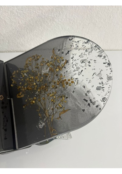 Siyah Renk Çiçekli Ve Yazı Motifli Epoksi Reçine Rahle Özel Tasarım - Tek Üretim - 37x19 Cm