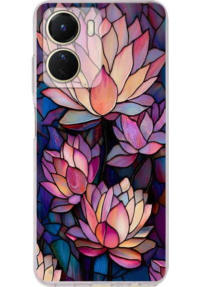 Printify Vivo Y16 İle Uyumlu Vitray Sessiz Lotus Tasarımlı Şeffaf Silikon Kılıf Şeffaf