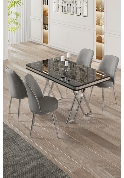 Canisa Vals Serisi 80x130 Lak Panel Siyah Mermer Desen Masa Takımı Krom Ayaklı 4 Gri Sandalye Masa Siyah Mermer Desen Sandalye Gri Canisa Vals Serisi 80x130 Lak Panel Siyah Mermer Desen Masa Takımı Krom Ayaklı 4 Gri Sandalye Masa Siyah Mermer Desen Sandalye Gri