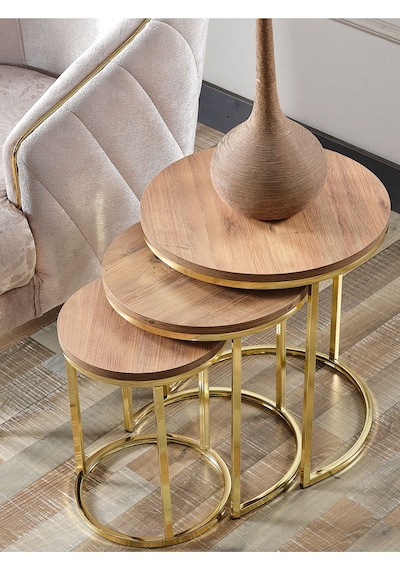 3' Lü Açık Ceviz Ahşap Gold Metal Sehpa
